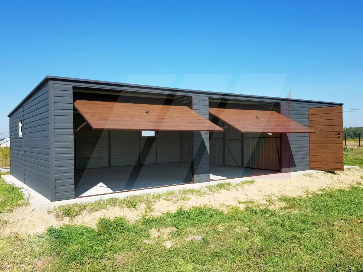 Garaż blaszany grafit bramy uchylne orzech 10 mx 6m spad do tyłu