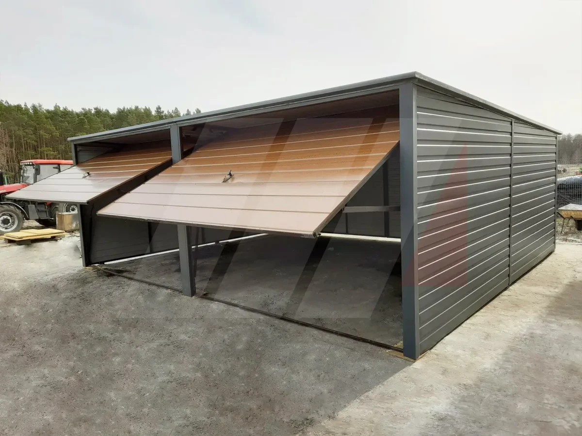 Garaż blaszany dwustanowiskowy grafit 6m x 6m bramy uchylne