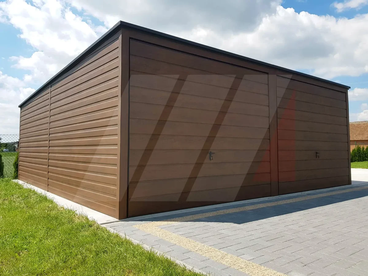 Garaż blaszany dwustanowiskowy orzech 6m x 6m bramy uchylne
