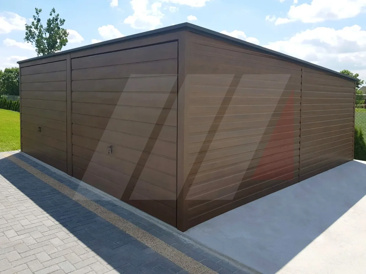Garaż blaszany dwustanowiskowy orzech 6m x 6m bramy uchylne