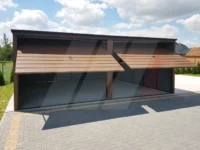 Garaż blaszany dwustanowiskowy orzech 6m x 6m bramy uchylne
