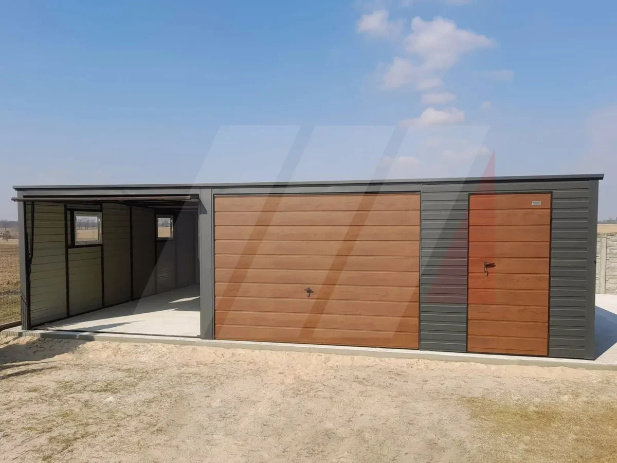 Garaż blaszany grafit spad dachu do tyłu 8m x 6m bramy orzech