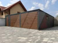 Garaż blaszany grafit spad dachu do tyłu 8m x 6m bramy orzech