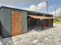 Garaż blaszany grafit spad dachu do tyłu 8m x 6m bramy orzech