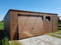 Garaż blaszany orzech spad do tyłu 6m x 6m brama uchylna i drzwi