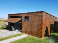 Garaż blaszany orzech spad do tyłu 6m x 6m brama uchylna i drzwi