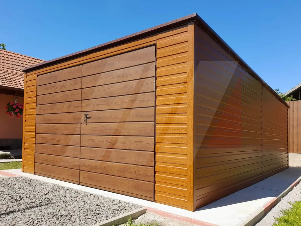 Garaż blaszany złoty dąb spad do tyłu 4m x 5m brama dwuskrzydłowa