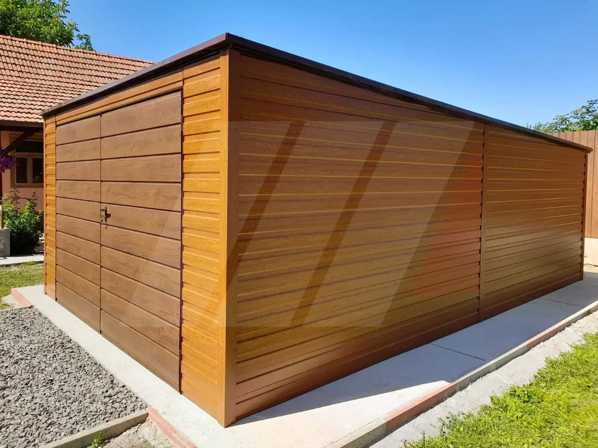 Garaż blaszany złoty dąb spad do tyłu 4m x 5m brama dwuskrzydłowa