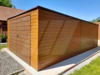 Garaż blaszany złoty dąb spad do tyłu 4m x 5m brama dwuskrzydłowa