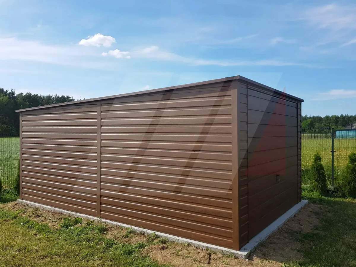 Garaż blaszany orzech spad do tyłu 3.5m x 5m brama uchylna