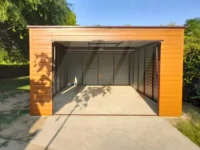 Garaż blaszany złoty dąb spad do tyłu 3.5 x 5 brama uchylna