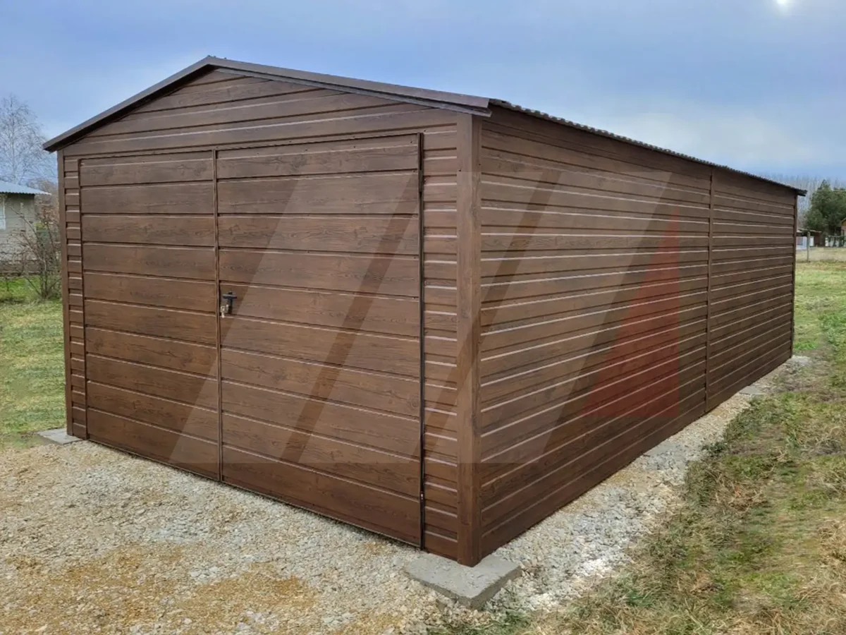 Garaż blaszany dwuspadowy 3.5m x 5m brama dwuskrzydłowa