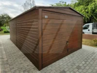 Garaż blaszany dwuspadowy orzech 3m x 5m brama uchylna