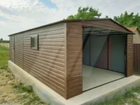 Garaż blaszany dwuspadowy orzech 4m x 7m brama uchylna
