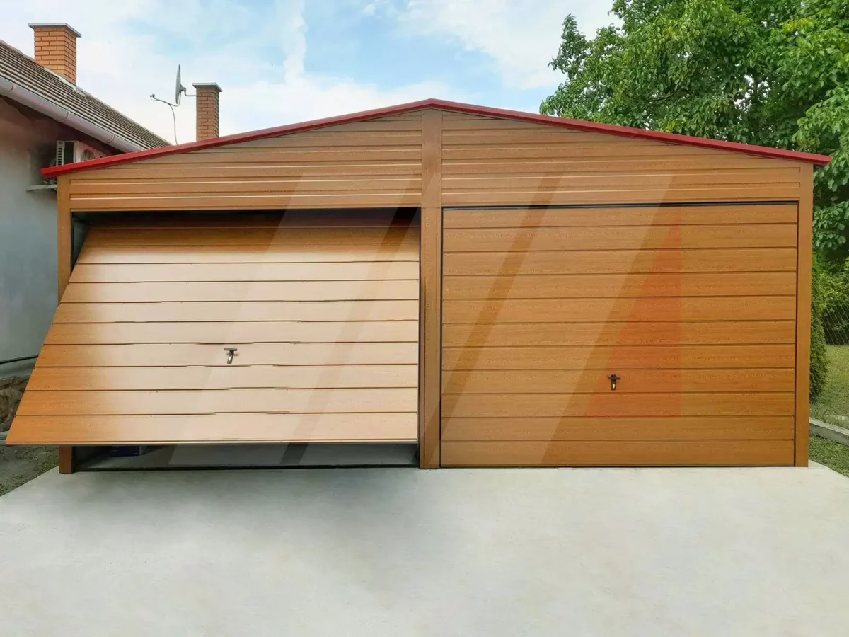 Garaż blaszany dwuspadowy podwójny 6m x 6m złoty dąb