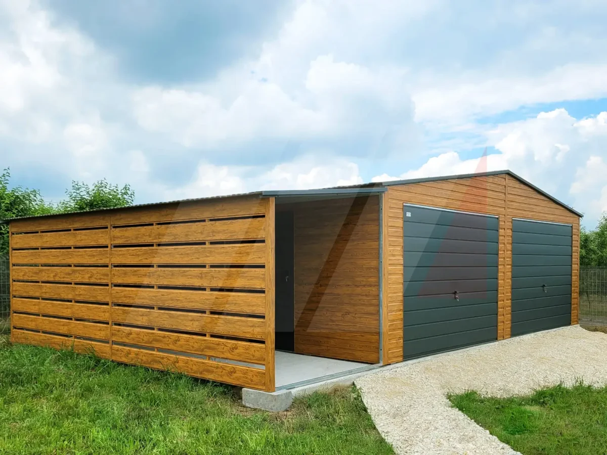Garaż blaszany dwuspadowy z wiatą 9m x 6m multigloss