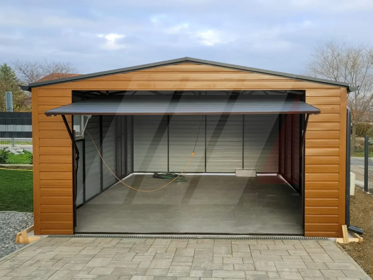 Garaż blaszany dwuspadowy złoty dąb 4m x 6m brama uchylna