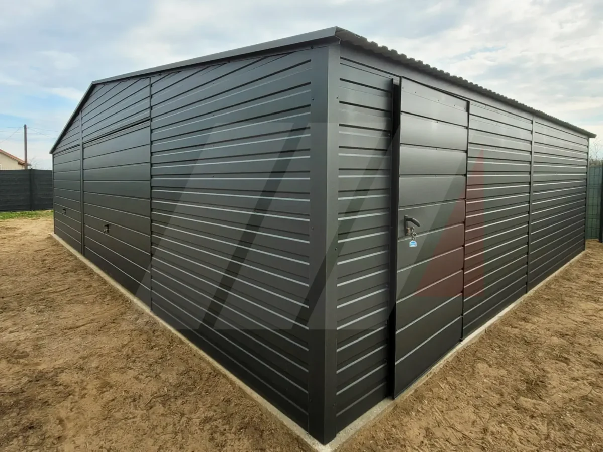 Garaż blaszany dwustanowiskowy grafit 8m x 5m bramy uchylne