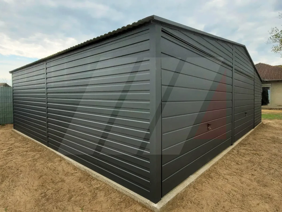 Garaż blaszany dwustanowiskowy grafit 8m x 5m bramy uchylne