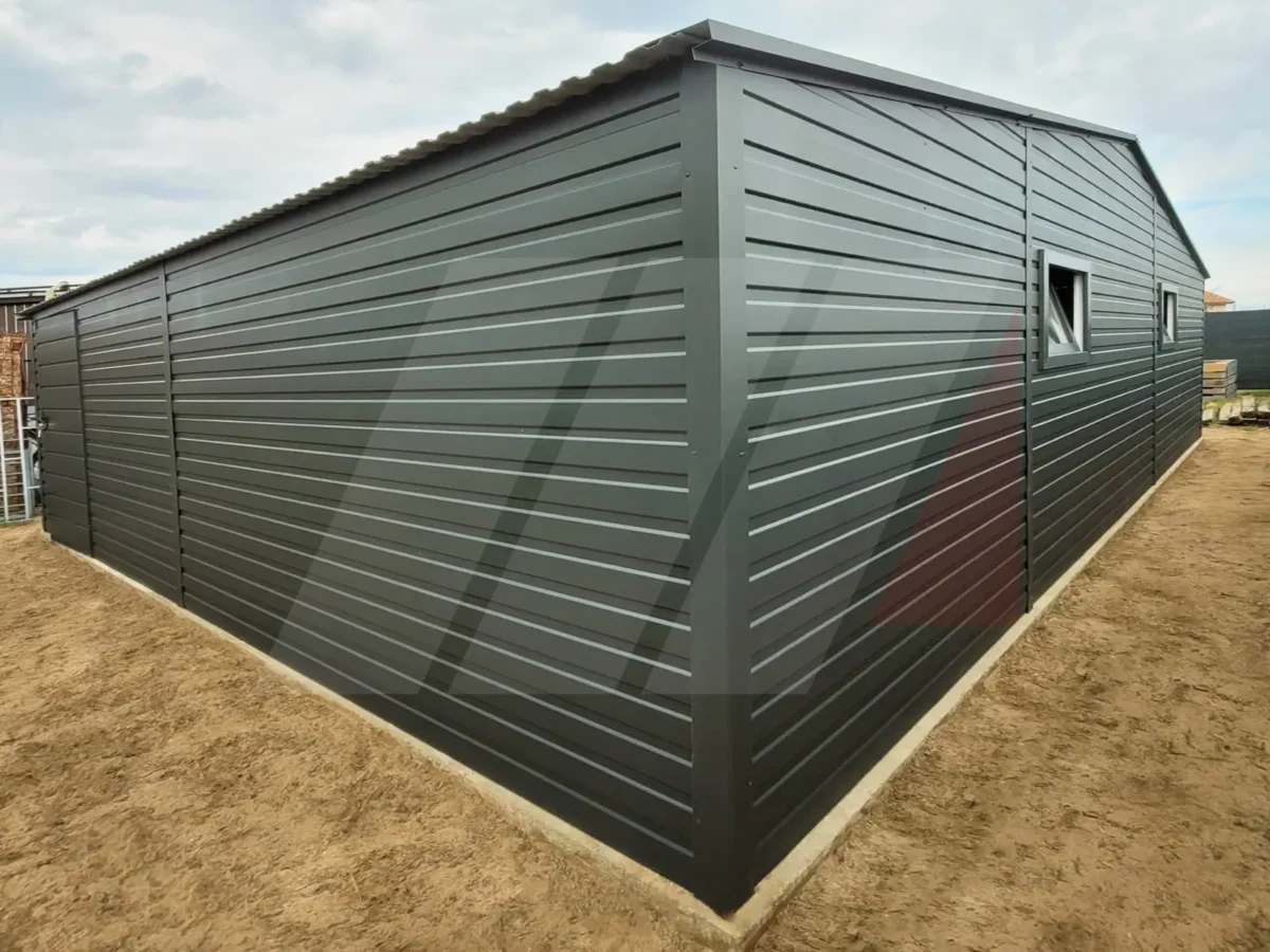 Garaż blaszany dwustanowiskowy grafit 8m x 5m bramy uchylne