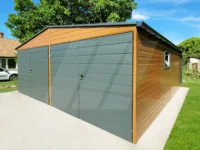 Garaż blaszany dwustanowiskowy orzech 6m x 6m bramy grafit