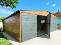 Garaż blaszany dwustanowiskowy orzech 6m x 6m bramy grafit