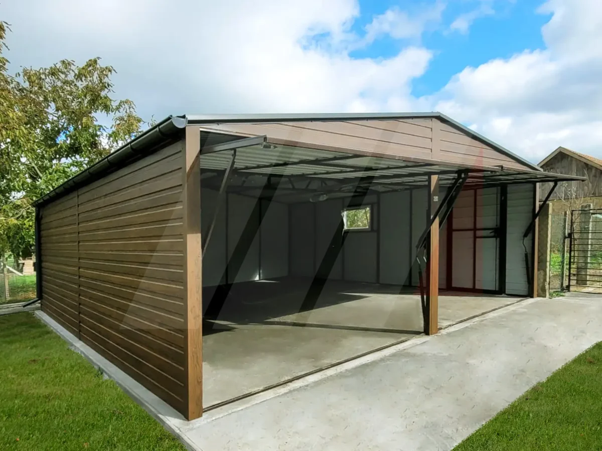 Garaż blaszany dwustanowiskowy orzech 6m x 6m bramy grafit