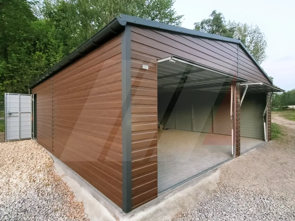 Garaż blaszany dwustanowiskowy orzech 7m x 6m bramy uchylne