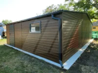 Garaż blaszany dwustanowiskowy orzech 8.5m x 6m bramy grafit