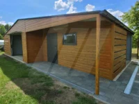 Garaż blaszany dwuspadowy multigloss 9m x 6m z wiatą i wnęką