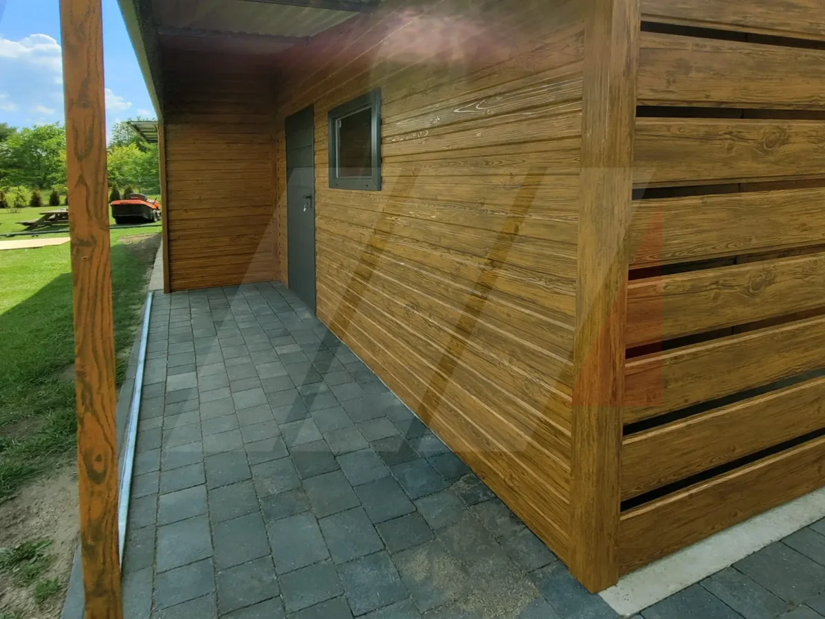 Garaż blaszany dwuspadowy multigloss 9m x 6m z wiatą i wnęką