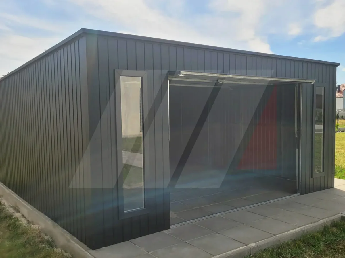 Garaż blaszany okna pionowe grafit 5m x 6m brama uchylna