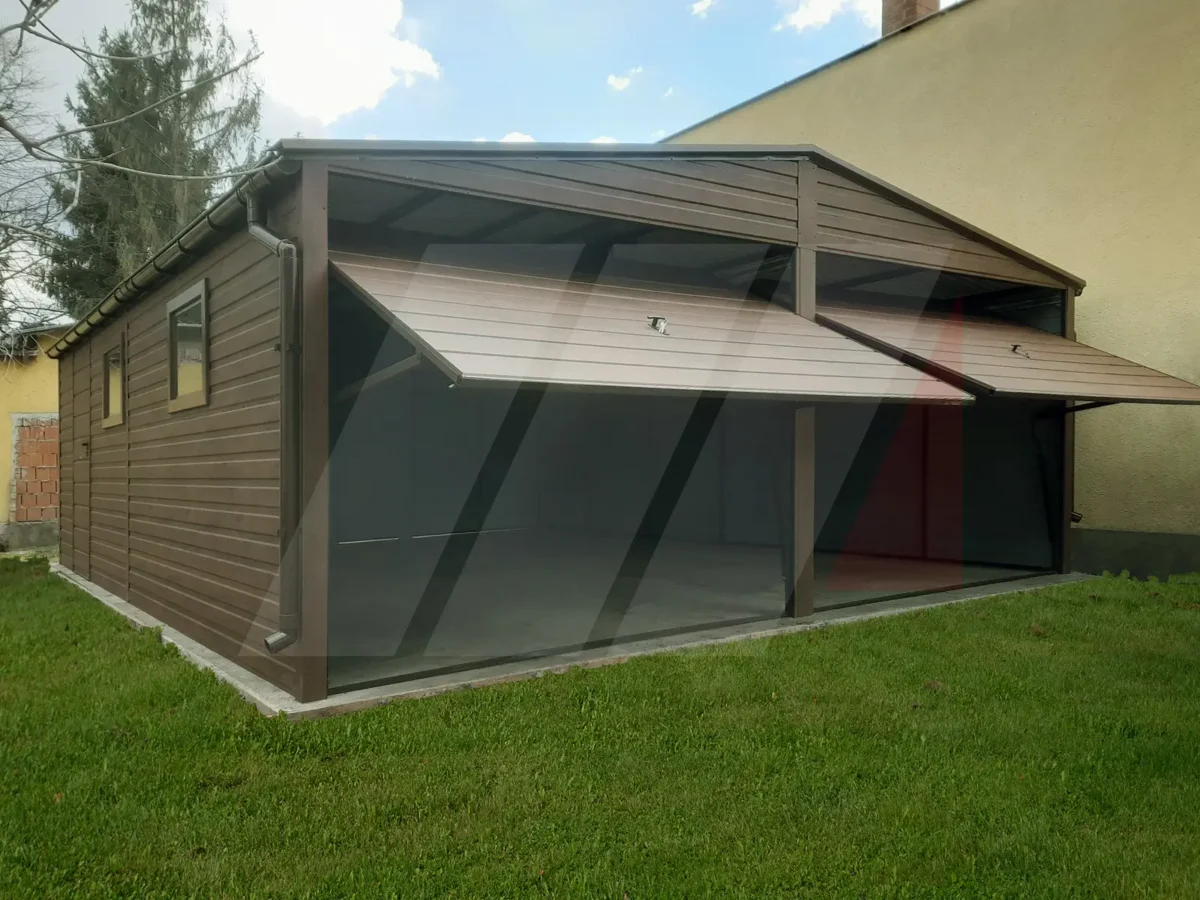 Garaż blaszany podwójny orzech 6m x 6m dwuspadowy