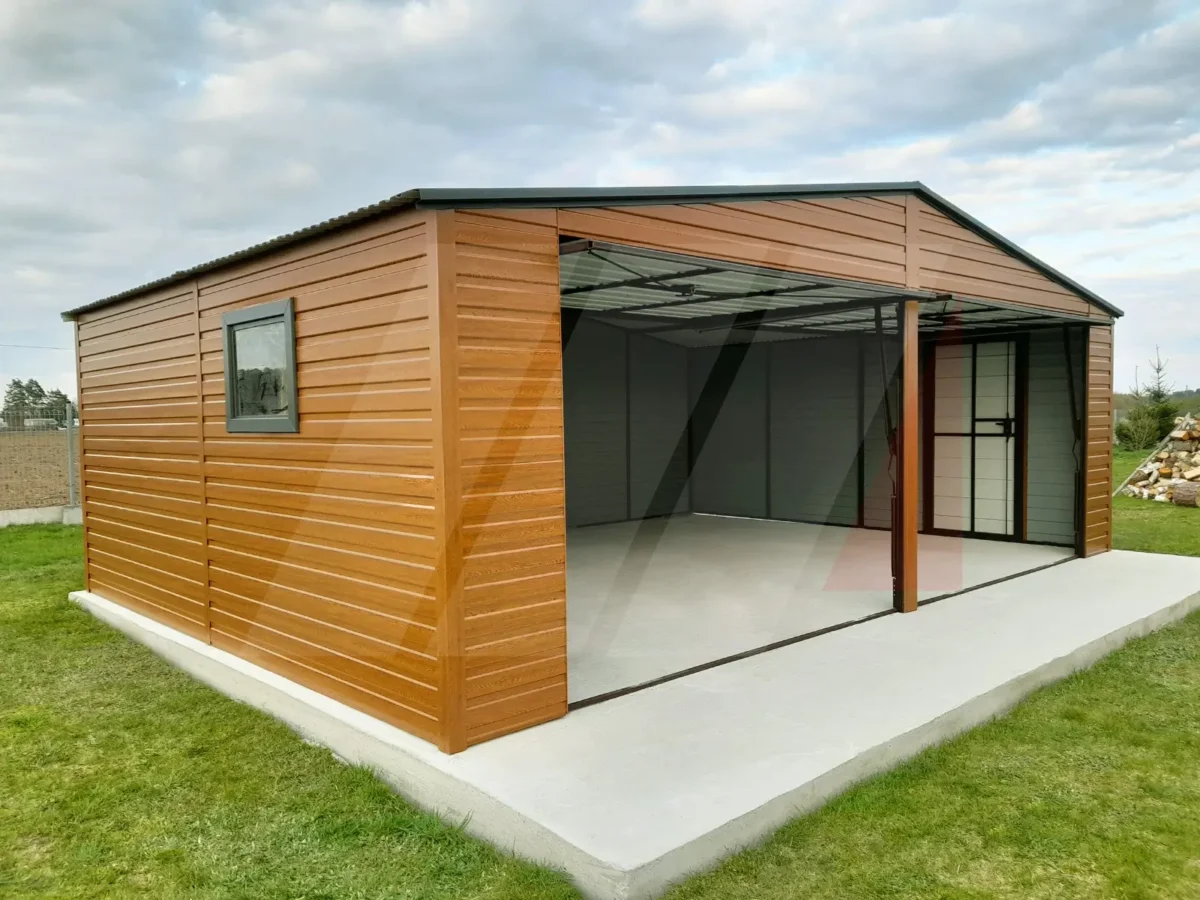 Garaż blaszany podwójny złoty dąb 7m x 6m bramy antracyt