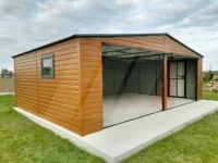 Garaż blaszany podwójny złoty dąb 7m x 6m bramy antracyt