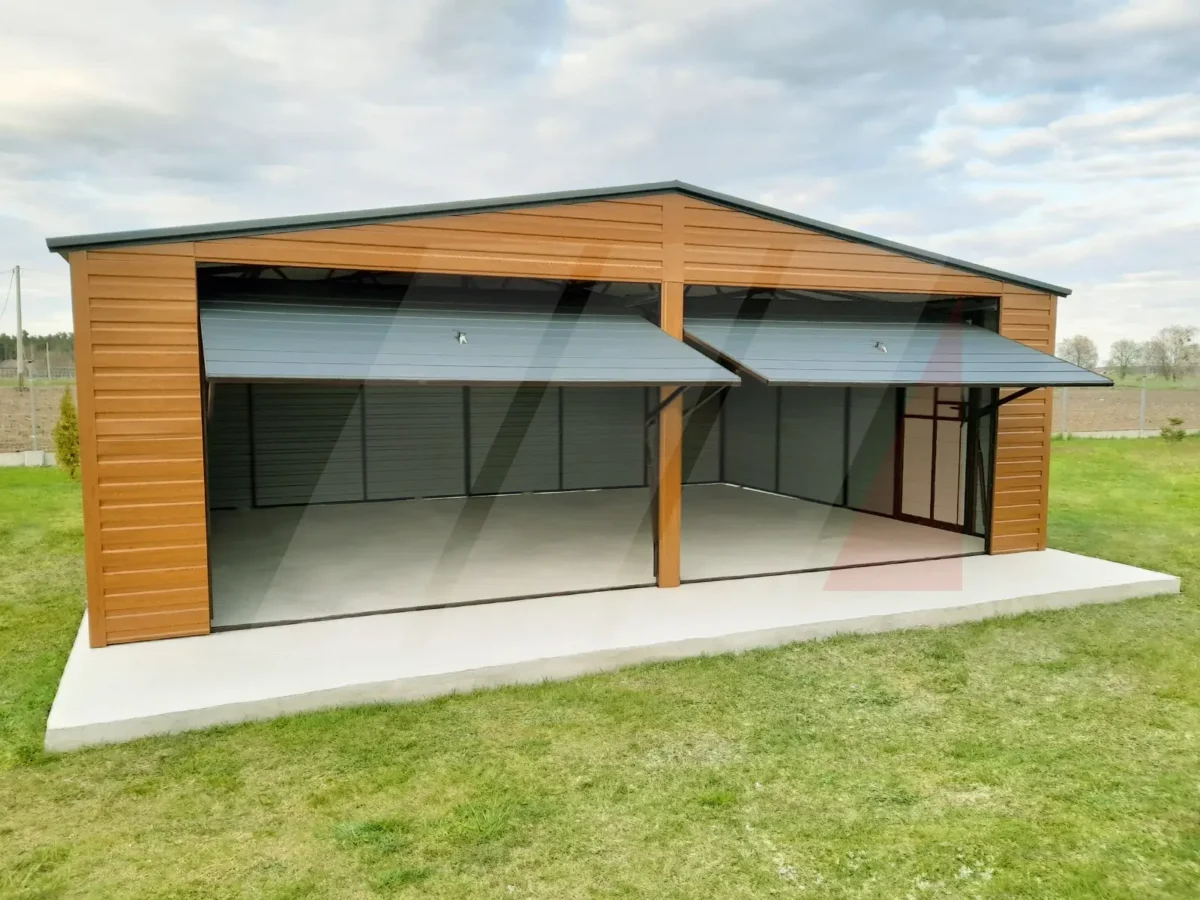 Garaż blaszany podwójny złoty dąb 7m x 6m bramy antracyt