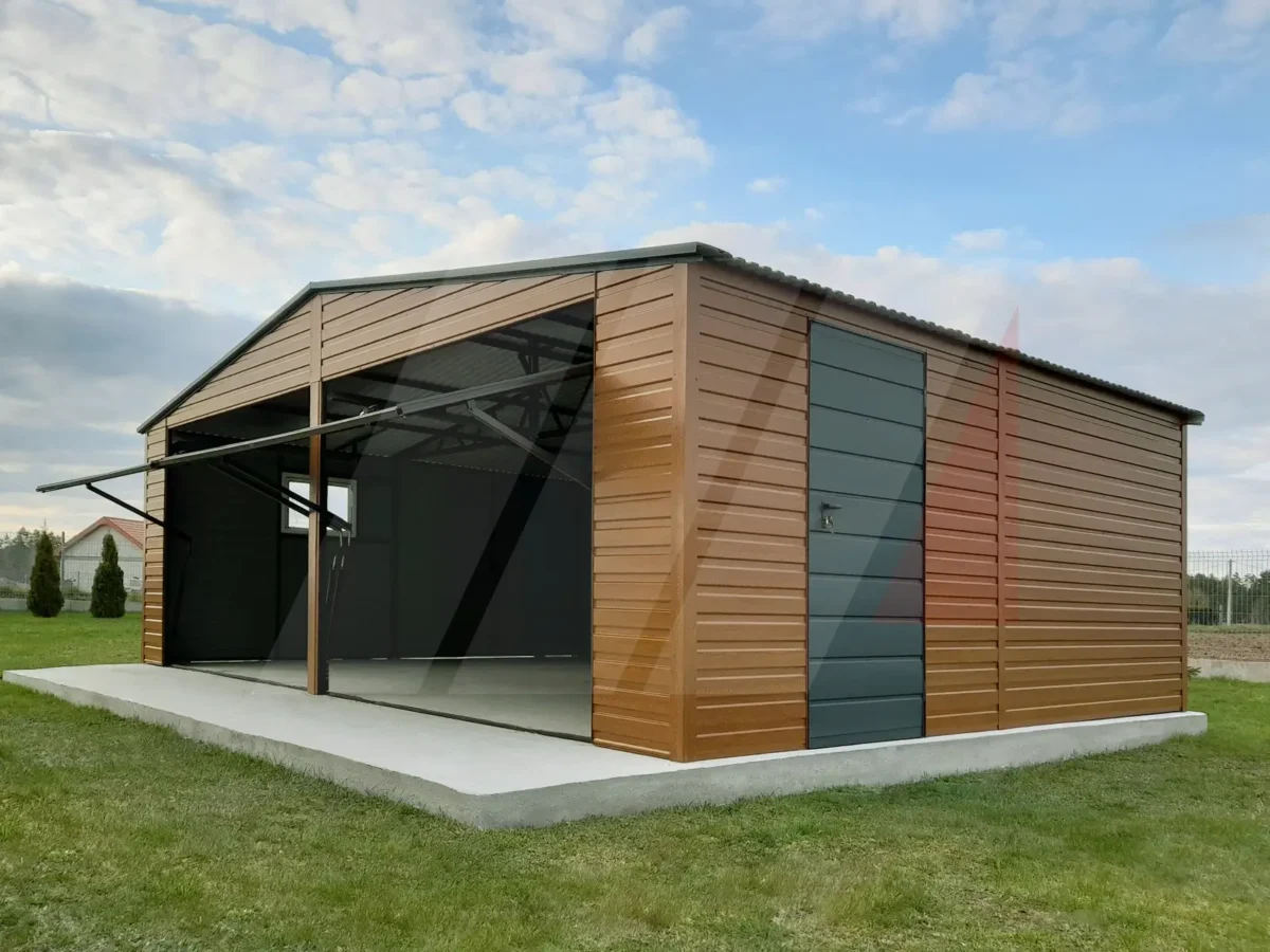Garaż blaszany podwójny złoty dąb 7m x 6m bramy antracyt
