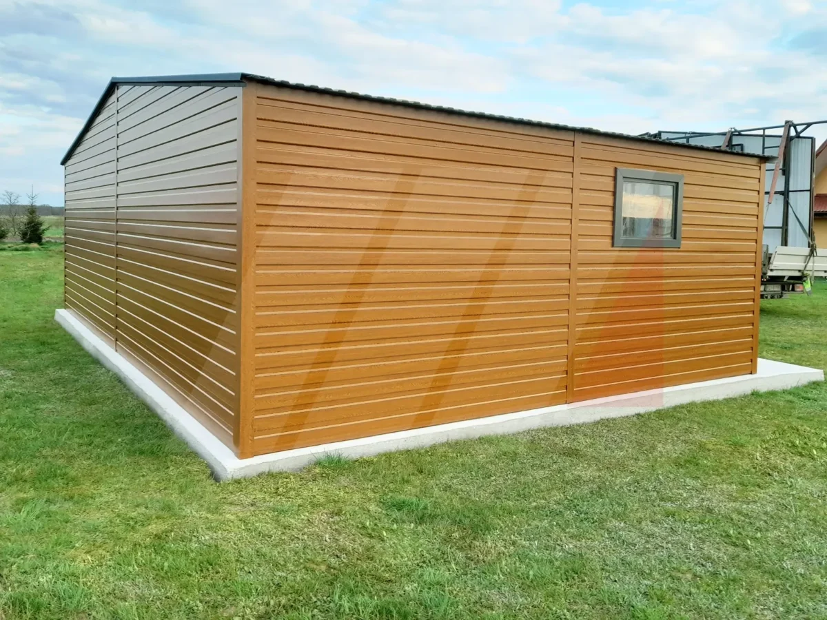 Garaż blaszany podwójny złoty dąb 7m x 6m bramy antracyt