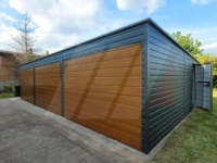 Garaż blaszany trzystanowiskowy grafit 9m x 6m bramy złoty dąb
