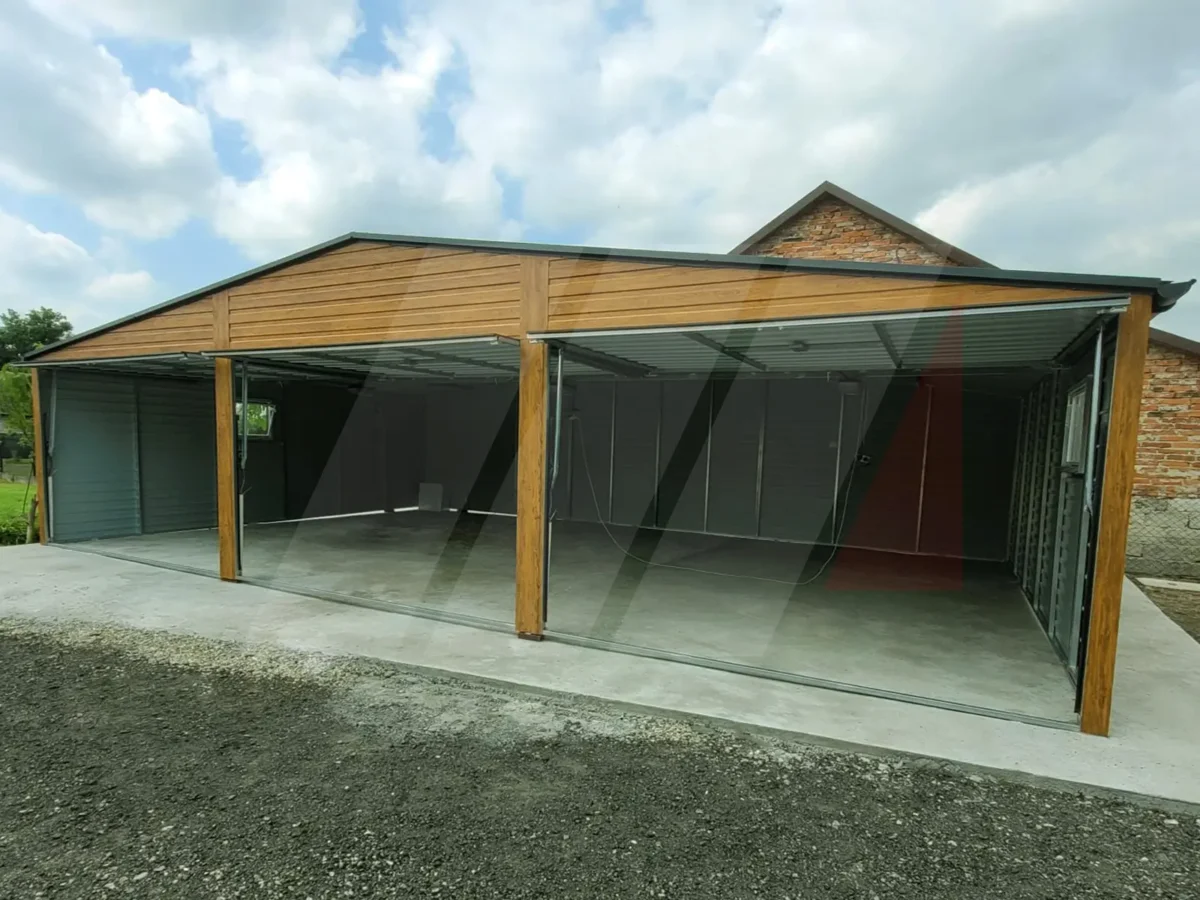Garaż blaszany trzystanowiskowy multigloss 9m x 6m bramy grafit