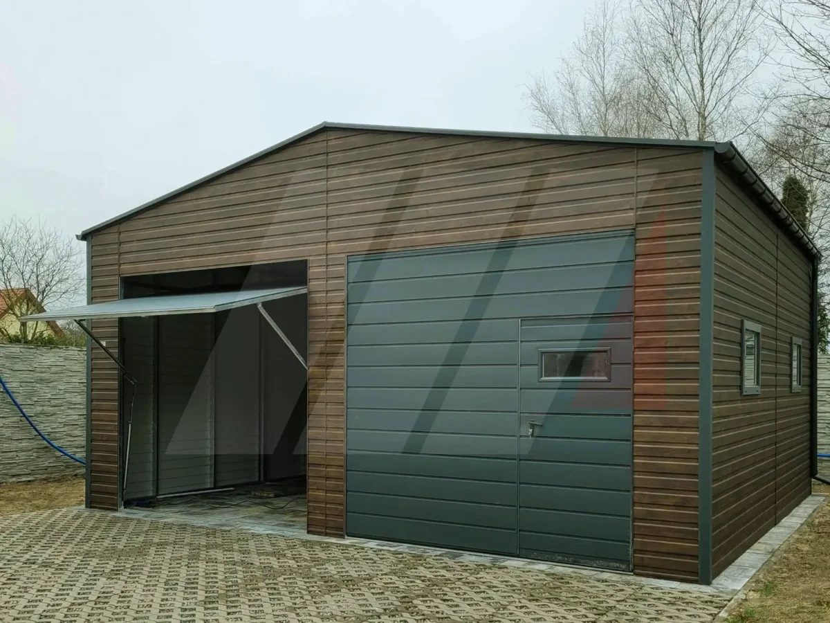 Hala magazynowa dwuspadowa orzech 8m x 6m bramy uchylne